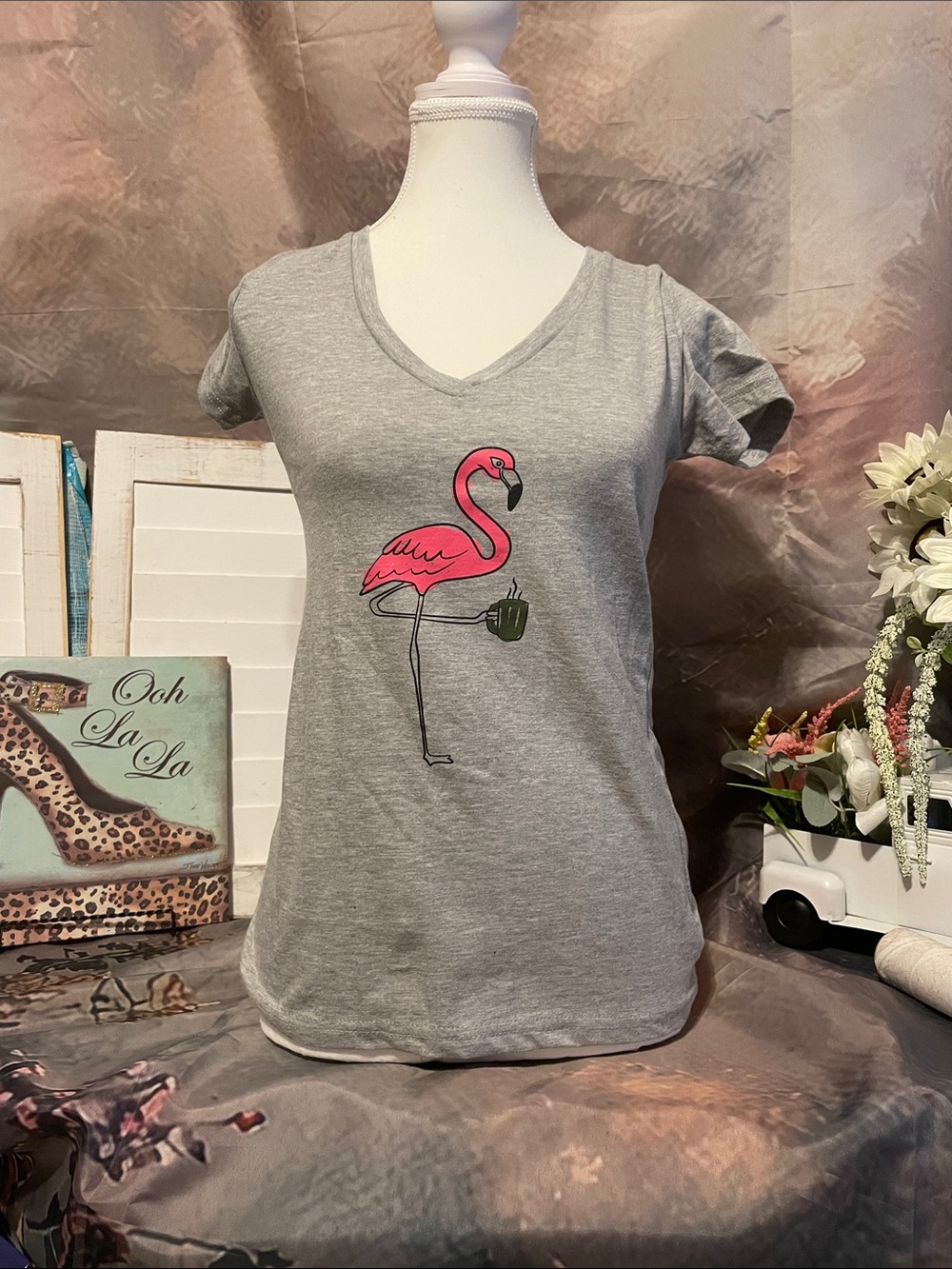 Gray V-Neck Tee with Pink Flamingo Graphic